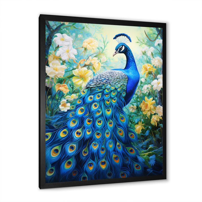 Yunick bleu sarcelle symboliste - art mural paon pour le salon, Cadre simple noir, H 40 po x l 30 po