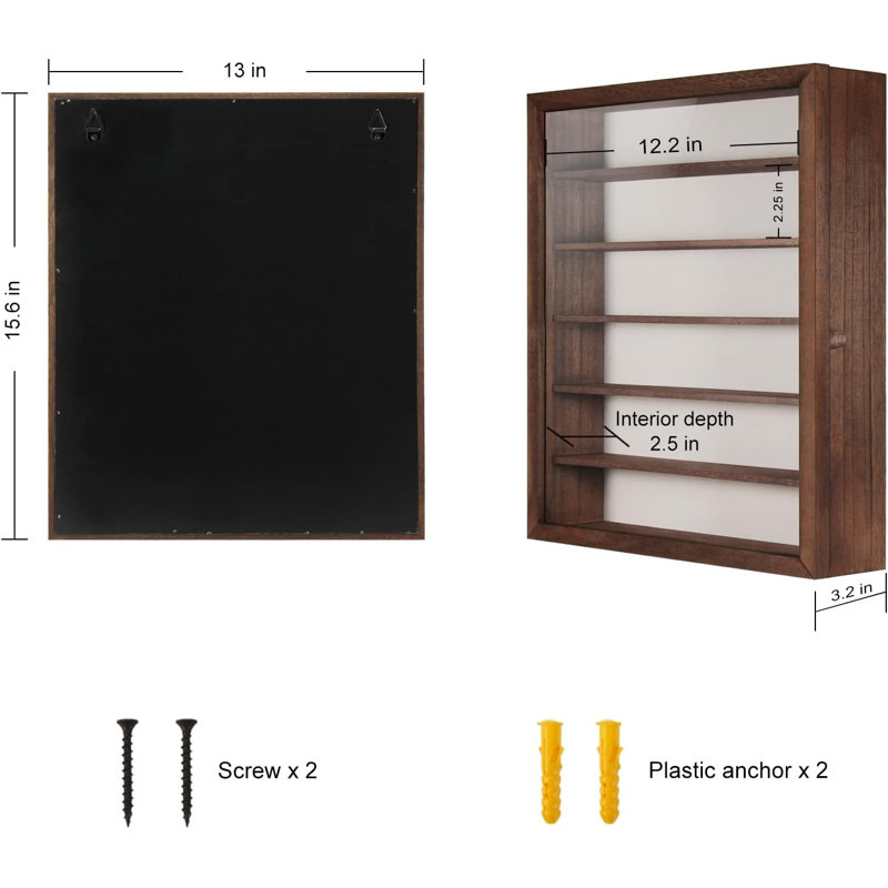 Rustic Brown Wood Wall Mounted Sunglasses Organizer with Glass Front