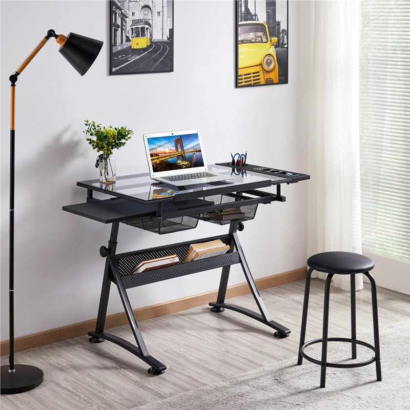 Adjustable Glass Top Metal Base Drafting Table