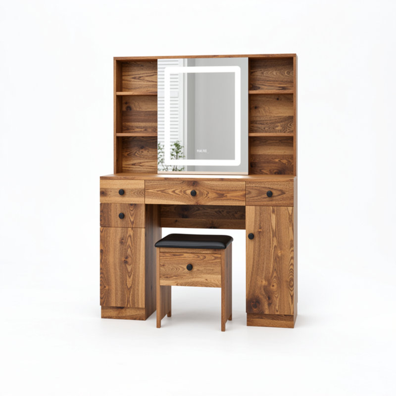 Kimrey Vanity Desk with Llight Sliding Mirror and 7 Drawers,  Makeup Vanity Table Set for Bedroom, Vinatge Brown