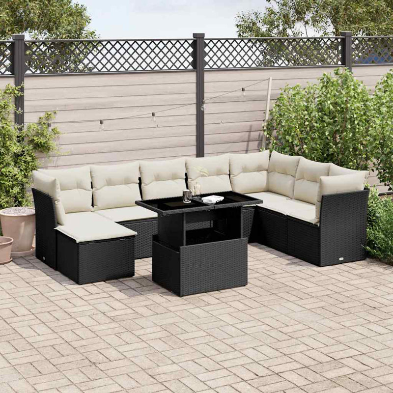 Ensemble de canapé de jardin en rotin PE noir, acier thermolaqué Vidaxl, verre trempé