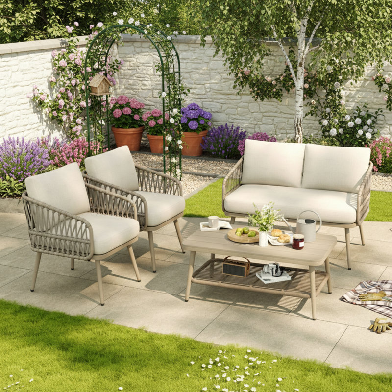 4-piece Outdoor Patio Set With Plastic Wood Table & Rope Storage, Loveseat + 2 Armchairs, Beige, Beige
