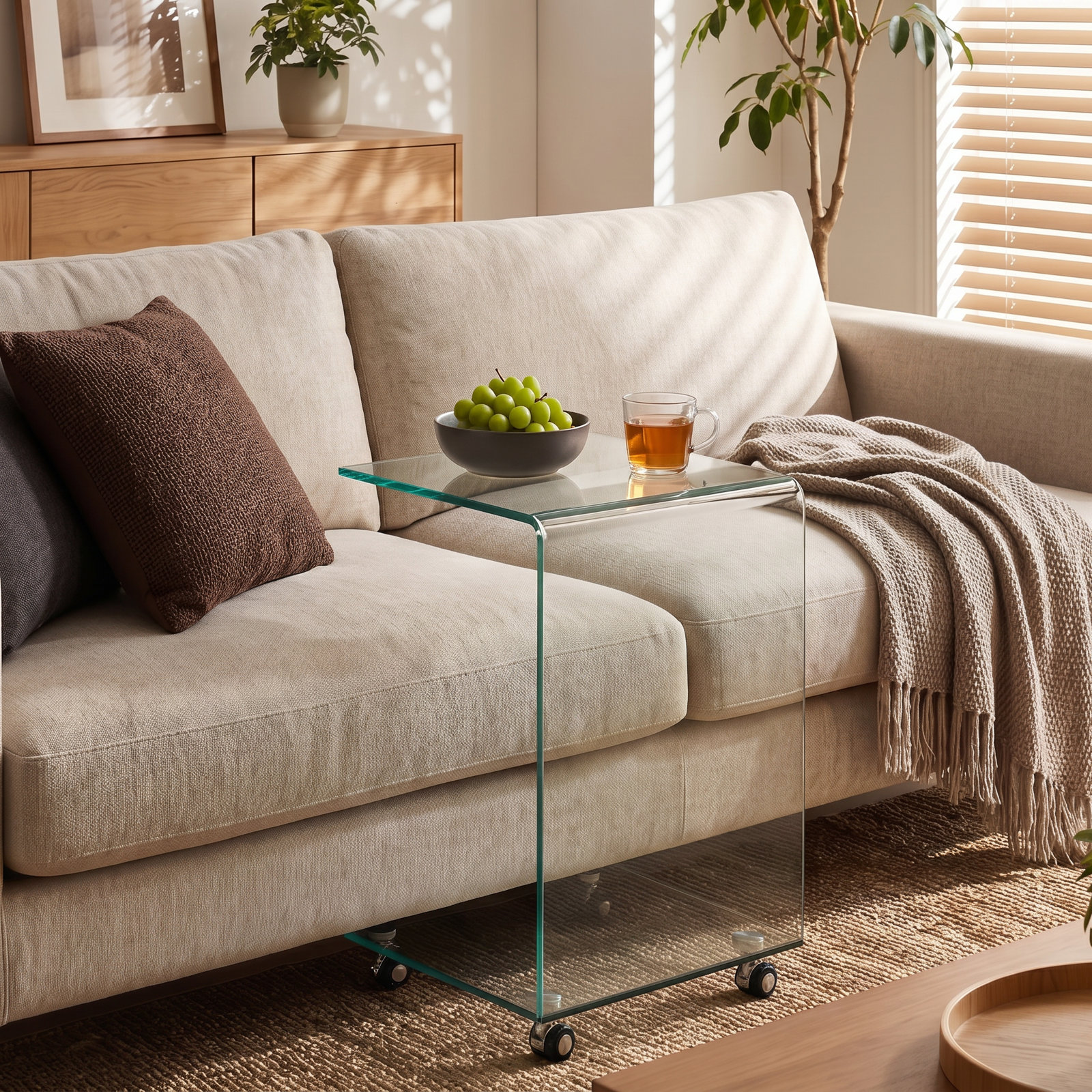 Rolling Tempered Glass End Table With Wheels, C-Shaped Mobile Side Table For Living Room