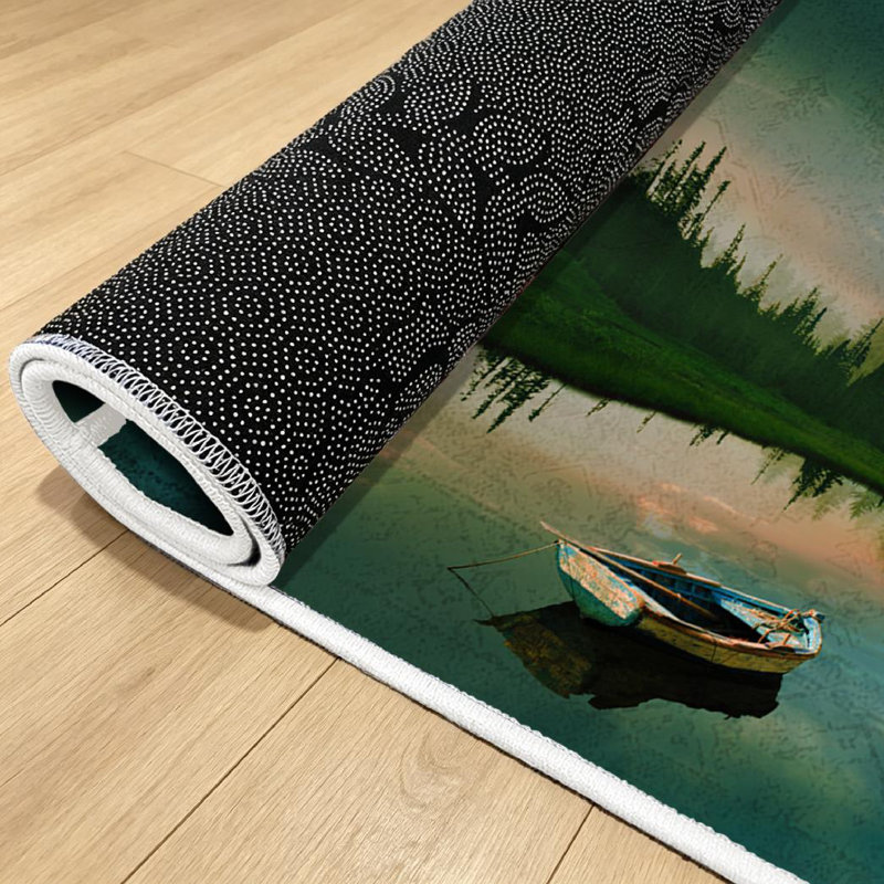 Blue Fishing Boat Calm Lake Landscape Beautiful Machine Washable Indoor Area Rug, Rectangle 39" x 63"
