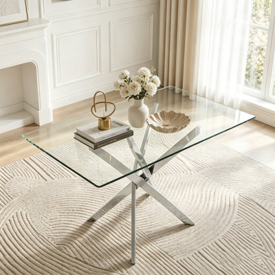 47.24-Inch Rectangular Glass Dining Table with Silver Legs