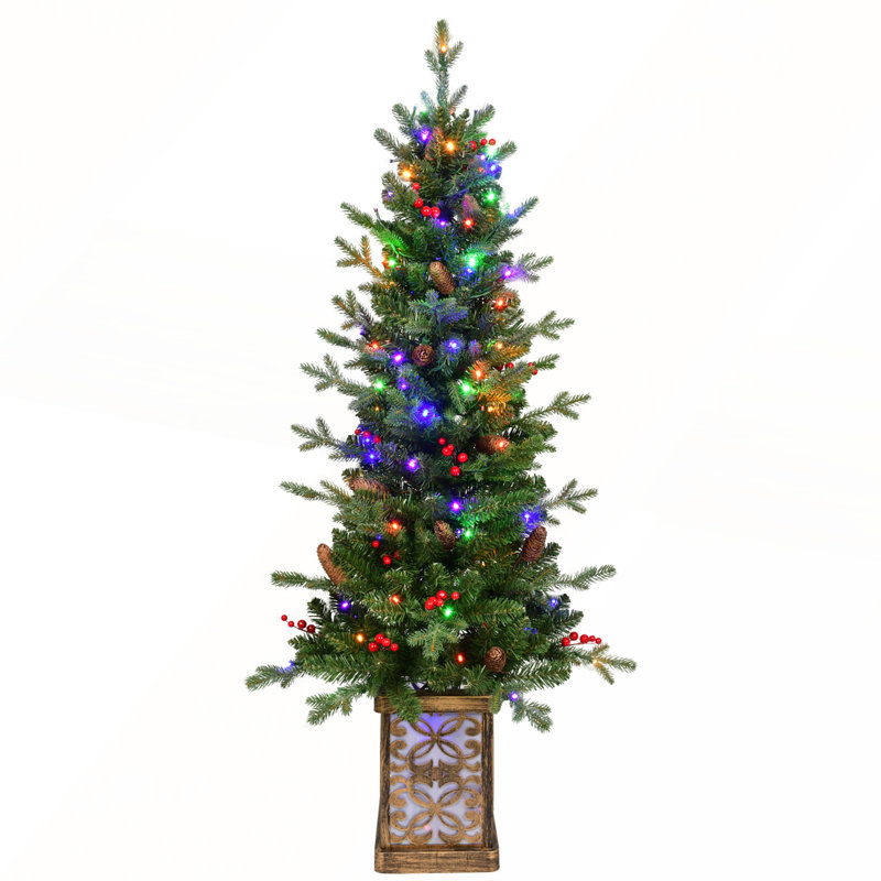 Arbre de Noël vert 4 pi avec base scintillante, 100 lumières DEL multicolores, baies rouges, pommes de pin et branches en PE / PVC pour une décoration festive