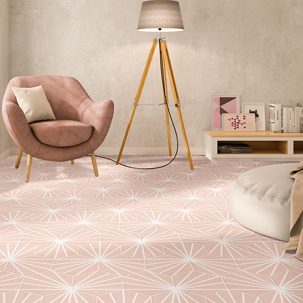 GeoHex Deco 8" Porcelain Tile, Blush