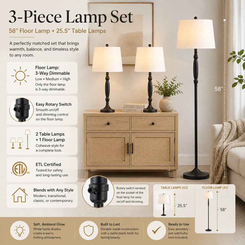 Gimbya 58" Traditional Metal Floor and Table Lamp Set and Floor Lamp with 3-Way Dimming 