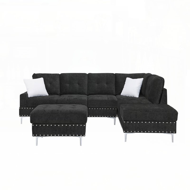 Canapé modulaire classique et rustique à 3 places avec méridienne réversible, repose-pieds avec rangement et pieds en métal uniques pour une vie moderne