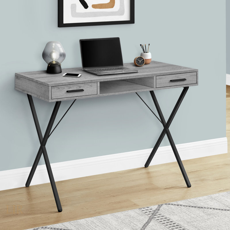 Bureau d'ordinateur moderne en stratifié gris avec tiroirs de rangement et structure en métal noir, idéal pour le bureau à domicile et les petits espaces