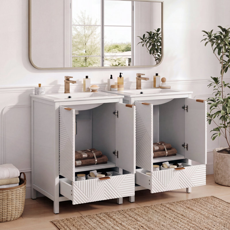 Ensemble de meuble-lavabo moderne de 48 pouces avec trou de robinet simple, panneaux de porte texturés et grand espace de rangement, charnières à fermeture douce et pieds en pin