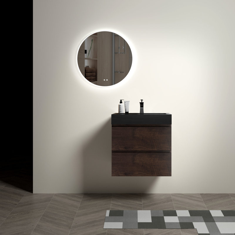 Meuble-lavabo de 24 po - noyer, design tendance, lavabo, rangement spacieux, fixation murale silencieuse et sophistiquée, lavabo noir spacieux