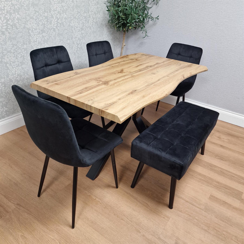 Wooden Dining Table with 4 Chairs and 1 bench Dining Kitchen Room Furniture, 75"H x 117"L x 77"W, Black