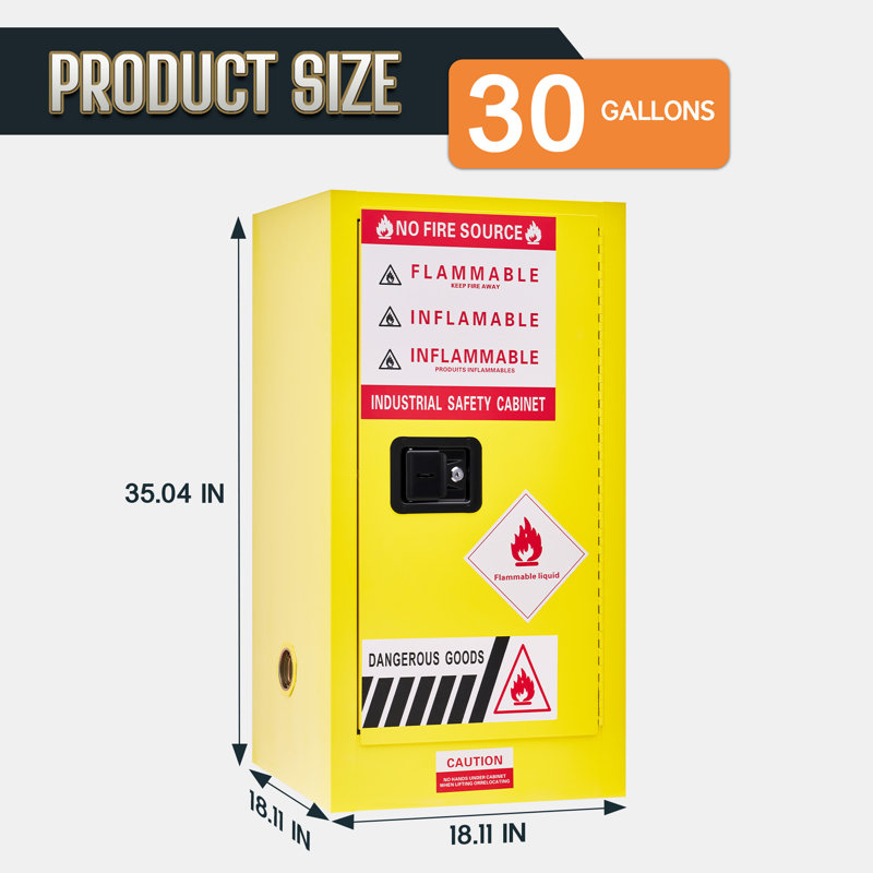 Armoire de sécurité 30 gallons 35 x 18 x 18 po avec tablettes réglables, acier jaune, H 18 po x l 35 po x P 18 po