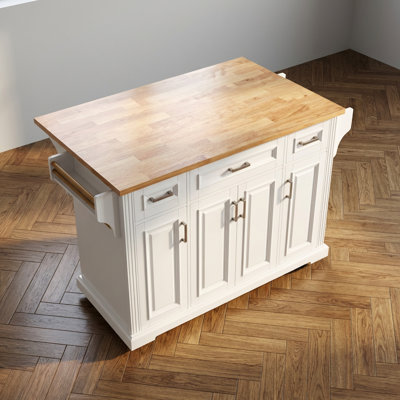 Large Kitchen Island with Drop Leaf and Wheels, Farmhouse Style Storage Cart with Embossed Texture, Four Doors and Three Drawers for Additional Workspace and Organization