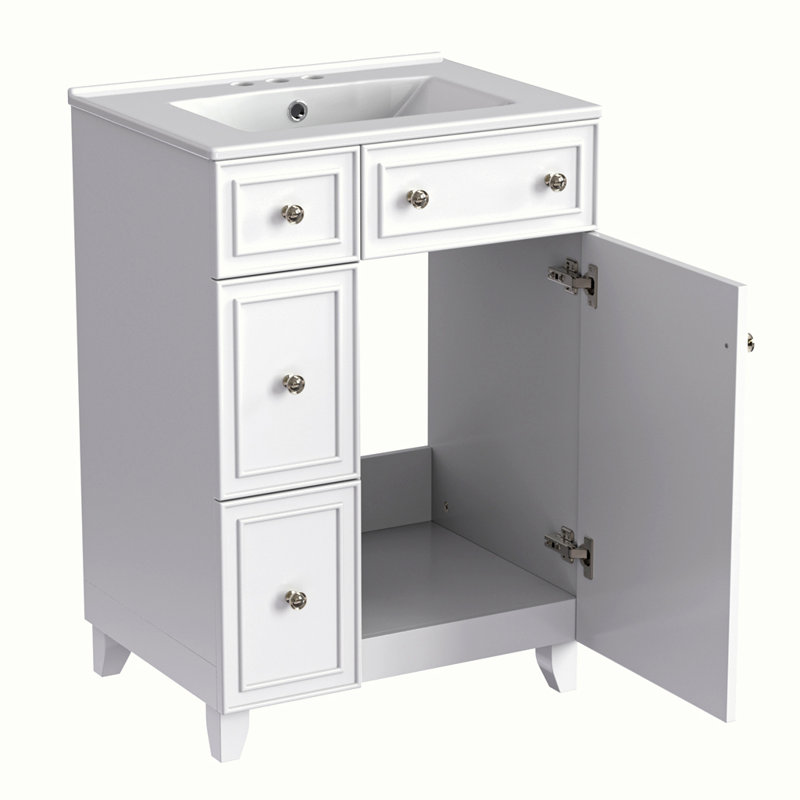 Armoire de salle de bain avec lavabo en céramique, 2 tiroirs et 1 porte