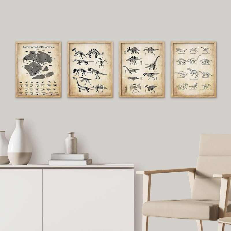 " Retro Vintage Duotone Sepia Dinosaur Museum Skeletons Wall Art Set Of 4 Illustration Prints Contemporary " 4 - Pieces