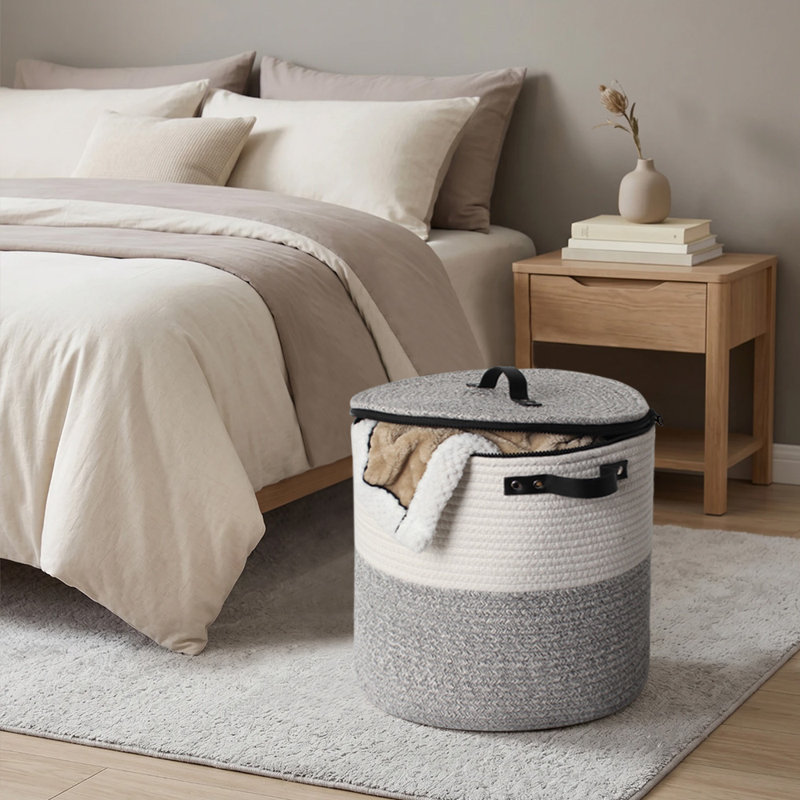 Panier à linge 14 po en corde de coton avec couvercle - Panier de rangement rond tissé 58l avec poignées pour vêtements, couvertures et jouets
