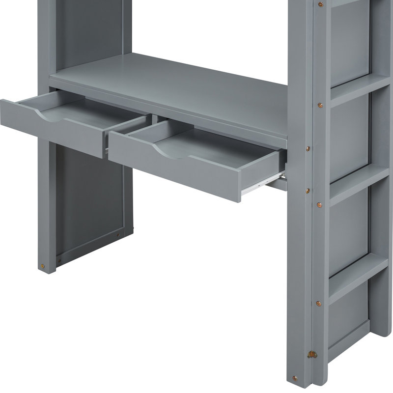 Lit mezzanine gris avec un vaste inventaire de grandes tablettes, bureau fonctionnel, éclairage à DEL - taille élégante et sécuritaire dans une réserve abondante et bureau pratique