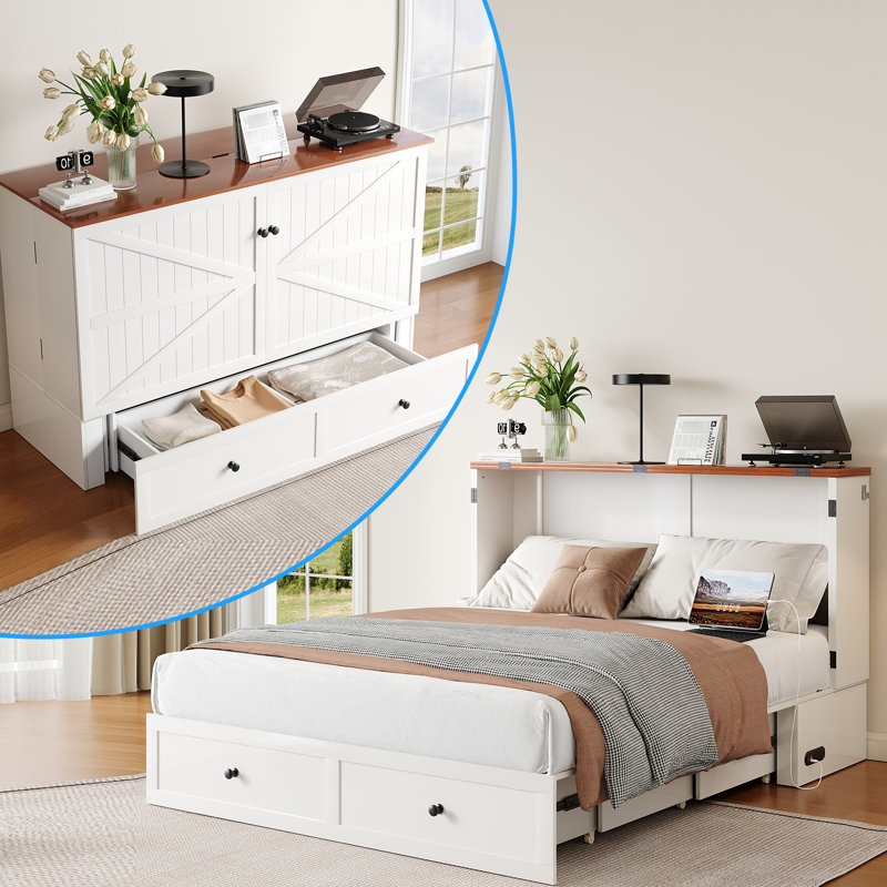 "57" Full Murphy Bed Cabinet with Charging Station   1200LBS Capacity, Extra Storage & Space Saving Design (Mattress Included)