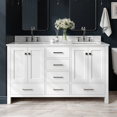 Meuble-lavabo double en bois massif Flynt avec plateau en marbre de Carrare 0,75 po