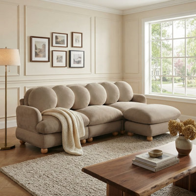 Ensemble canapé modulable 3 places en chenille avec pouf, assises profondes et coussins de dossier ronds, taupe chaud