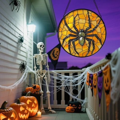 Vitrail suspendu - décorations d'Halloween araignée noire pour portes de jardin