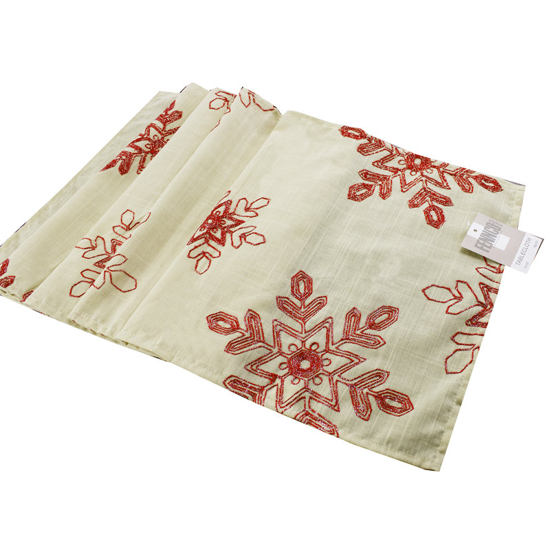 Red Embroidered Snowflake Natural Table Runner, 108" x 16"