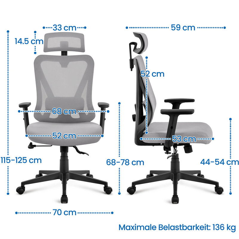 Mesh Office Chair with Headrest, Light Grey