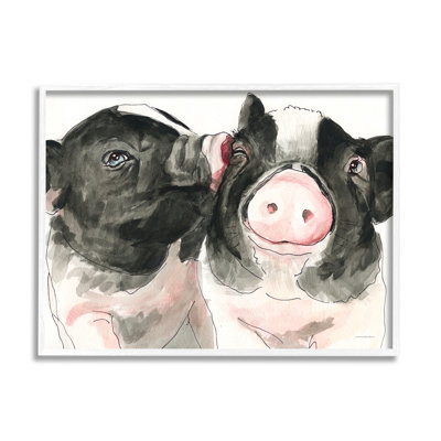 " Two Pigs Pink Snout Kiss Adorable Farm Animals " by Kamdon Kreations Painting Print