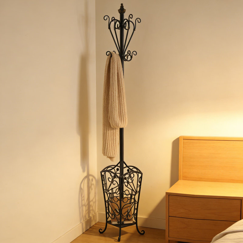 79 Vintage Scroll Design Metal Coat Rack With 8 Hooks And Umbrella Storage, Traditional Black Iron Entryway Organizer