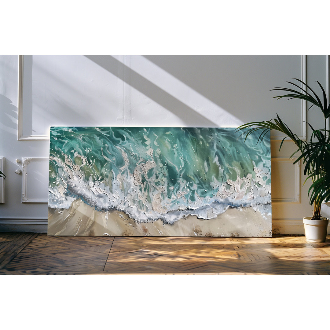 Leinwandbild gerahmt 120x60cm Strand von Oben Abstrakt Grau Wellen Meer Ozean