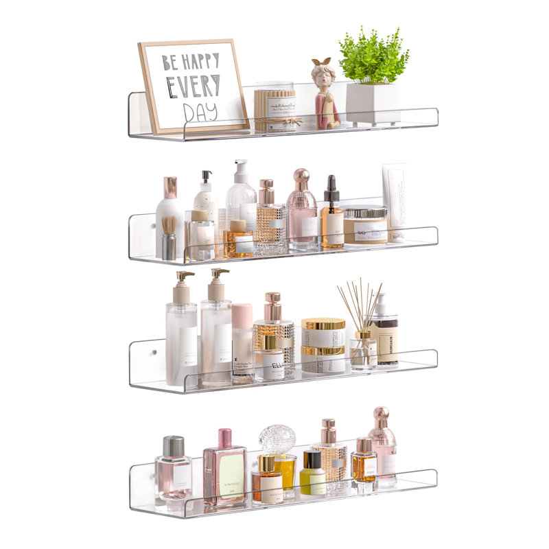 Tablettes en acrylique pour le rangement de la salle de bain, organisateur mural à tablettes flottantes de 15 po pour le parfum, maquillage, soins de la peau, bibliothèque pour enfants pour chambre à coucher, chambre de bébé, transparent, paquet de 4