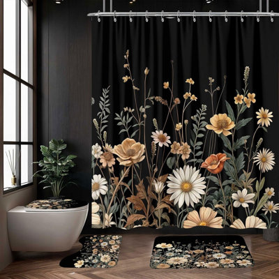 Vintage Wildflower 4-Piece Shower Curtain Set With Bath Mats, Rugs & Toilet Lid Cover, Black