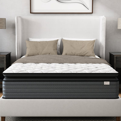 Matelas King Pillow Top, 35,5 cm (14 pouces), - US, Soulagement, Faible transfert de mouvement, Design, Imperméable, Gris et blanc, Garnissage en mousse à mémoire de forme, Ressorts, Compatible avec sommier articulé pour un soutien optimal du corps, Blanc