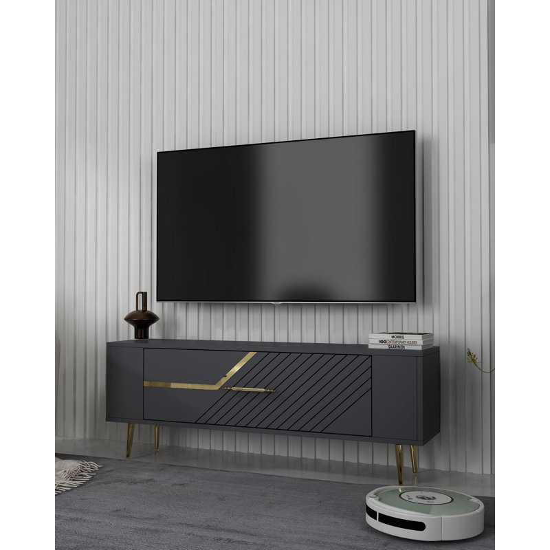 Modern TV Stand with Wall-Mount Option, Anthracite & Gold, 47.2 x 19.0 x 10.4 Inches | 100% Melamine Coated Particle Board, Thickness: 0.7 Inches | Stylish Geometric Design for Contemporary Living Rooms