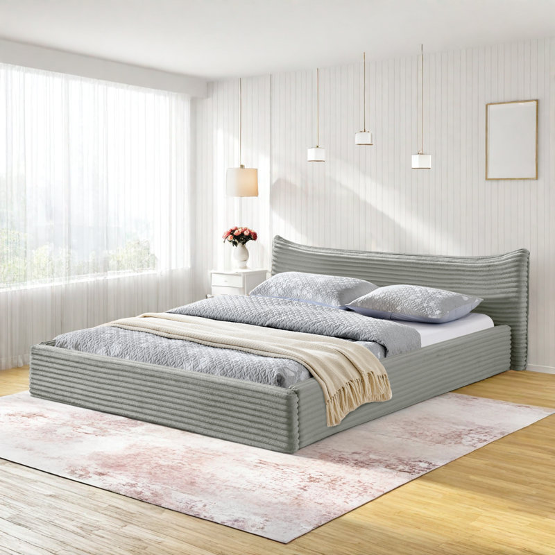 Base de lit plateforme tapissier moderne et ergonomique en velours, Gris