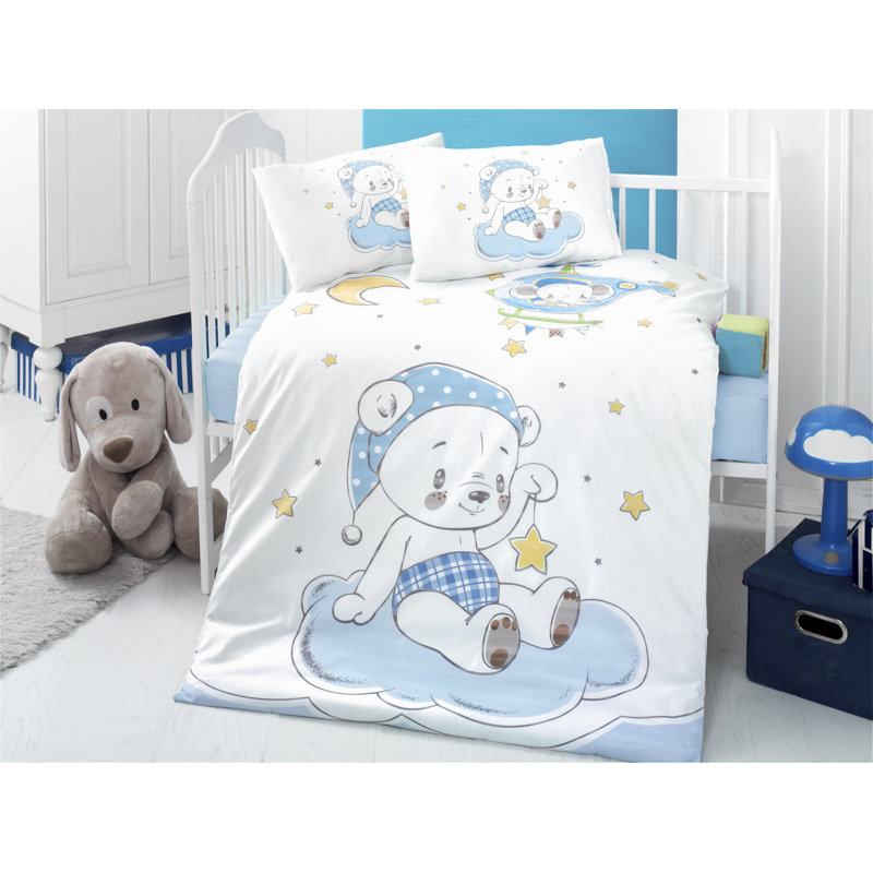 Ensemble de housse de couette pour bébé Soft & Cozy Ranforce, 39 x 59 | 100% coton, 117 fils | Comprend 2 taies d'oreiller (14 x 18), une housse de couette et un drap plat | Lavable à la machine, adorable motif blanc, bleu, vert et jaune