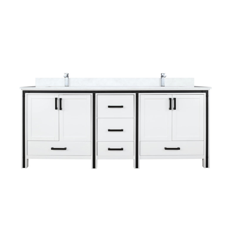 Ensemble de meuble-lavabo double l 72 po x P 22 po avec plateau blanc et robinet chromé Ziva, Blanc, White Quartz