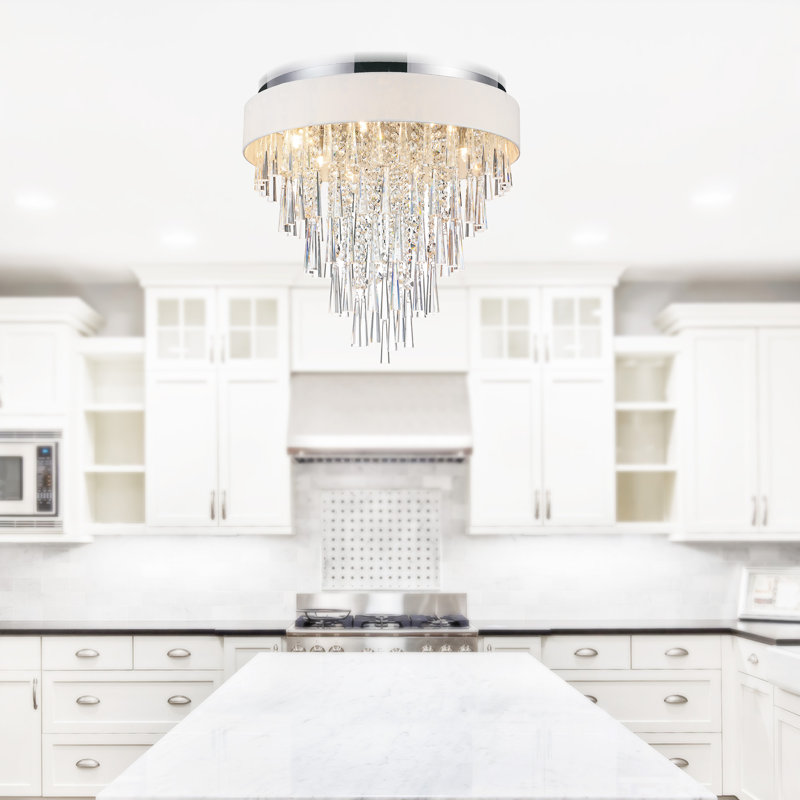 22'' 8 Light Drum Shade Flush Mount With Off-White Shade & Chrome Finish – G9 LED Compatible – Elegant Ceiling Light for Bedroom, Hallway, or Foyer