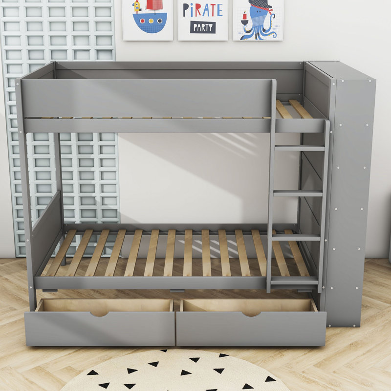 Aleiah Kids Twin Bunk Bed with Drawers, Twin over Twin, Gray