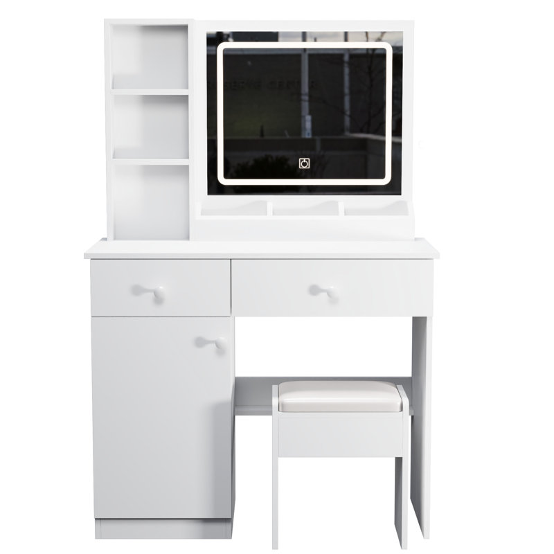 Bureau de coiffeuse blanc avec grand miroir et lumières - Design élégant, 3 couleurs spacieuses