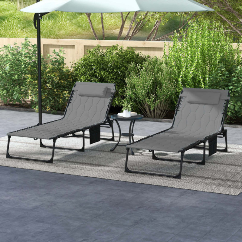 Folding Chaise Lounge Set With 5-Level Reclining Back, Outdoor Lounge Chair With Padded Seat, Side Pocket & Headrest For Beach, Yard, Patio