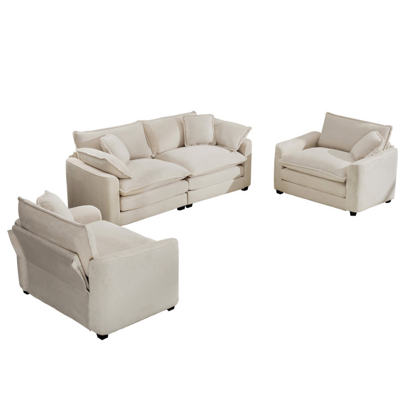 Warm And Cozy Sofa Set With Soft Cushions And Pillows, Home Theater Style Sofa Set Consisting Of One 2-Seater Sofas And Two Single Sofa In Corduroy Fabric