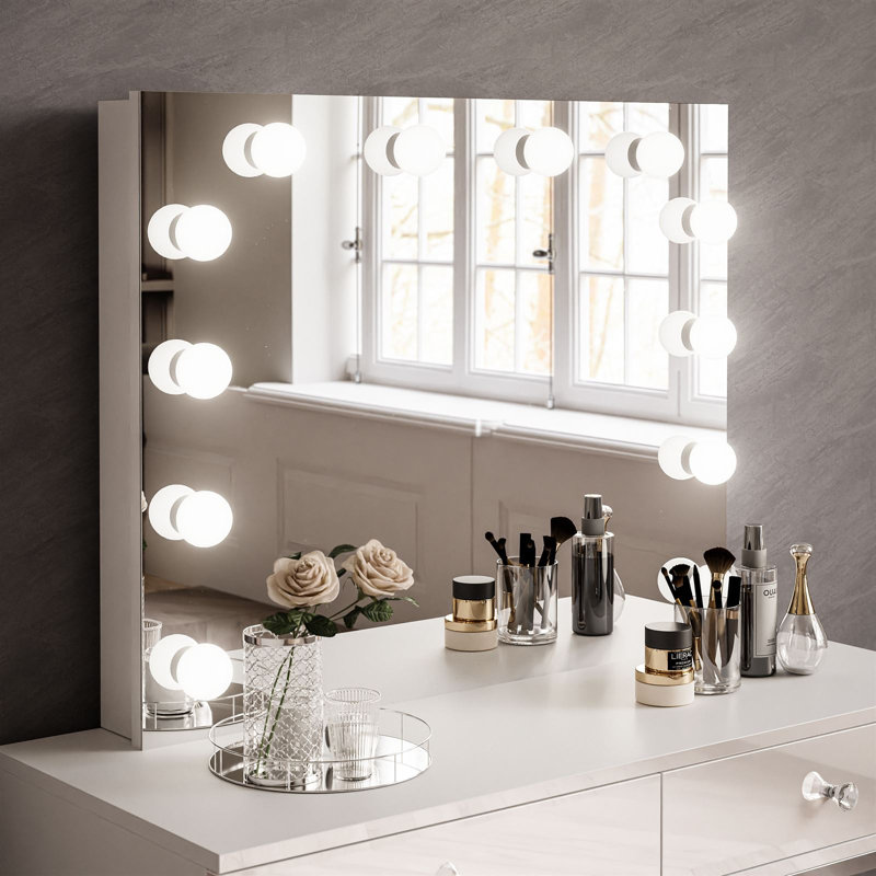 Anashima Dressing Table with Mirror, White/White high gloss/White crystal