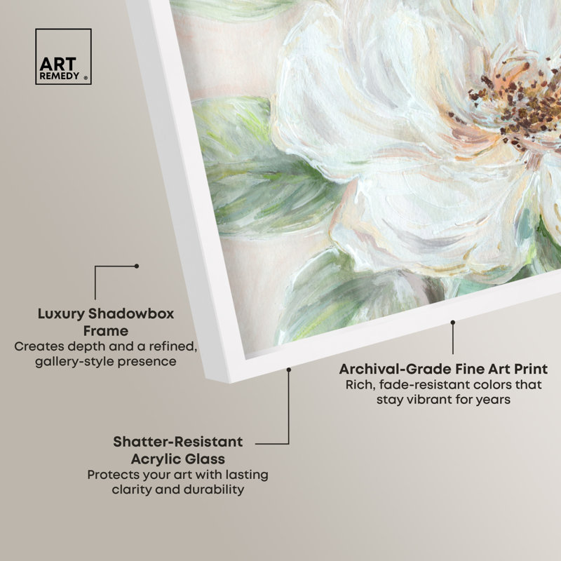 Bloom Romance - Reproduction florale et botanique grand format d'Ira Comleva, encadrée sous verre, par Art Remedy, cadre blanc, 72 x 48 cm