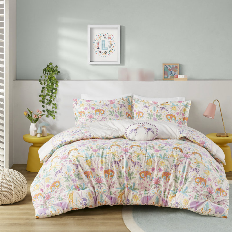 Édredon réversible en coton mauve réversible avec 4 pièces et imprimé girafe jungle - coton, preuve, rembourrage