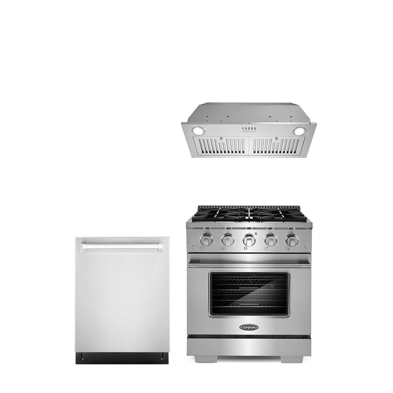 Cosmo 3 Piece Kitchen Appliance Package with 30'' Gas Freestanding Built-In Insert Range Hood