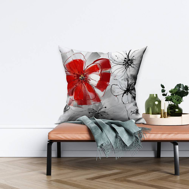 Red & gray flowers - 26"x26" Throw pillow - Poly twill - Print on demand