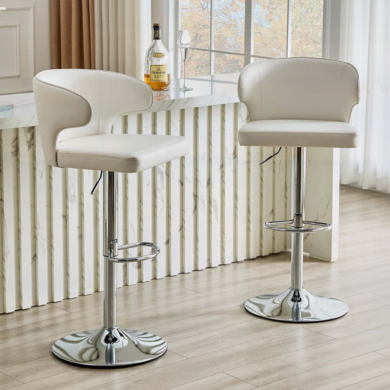 Chaise de bar rotative moderne et ajustable, assise spacieuse et support à haut dossier (2 pièces), White, Silver